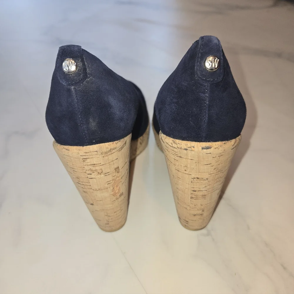 Stuart Weitzman Dark Blue High Heel Corkswoon Wedge Size 9.5 - Picture 2 of 10